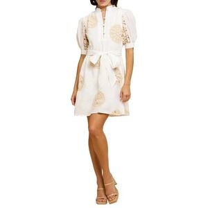 CIEBON White Crochet Medallion Cotton Mini Dress XS Mandarin Collar Belted Puffy